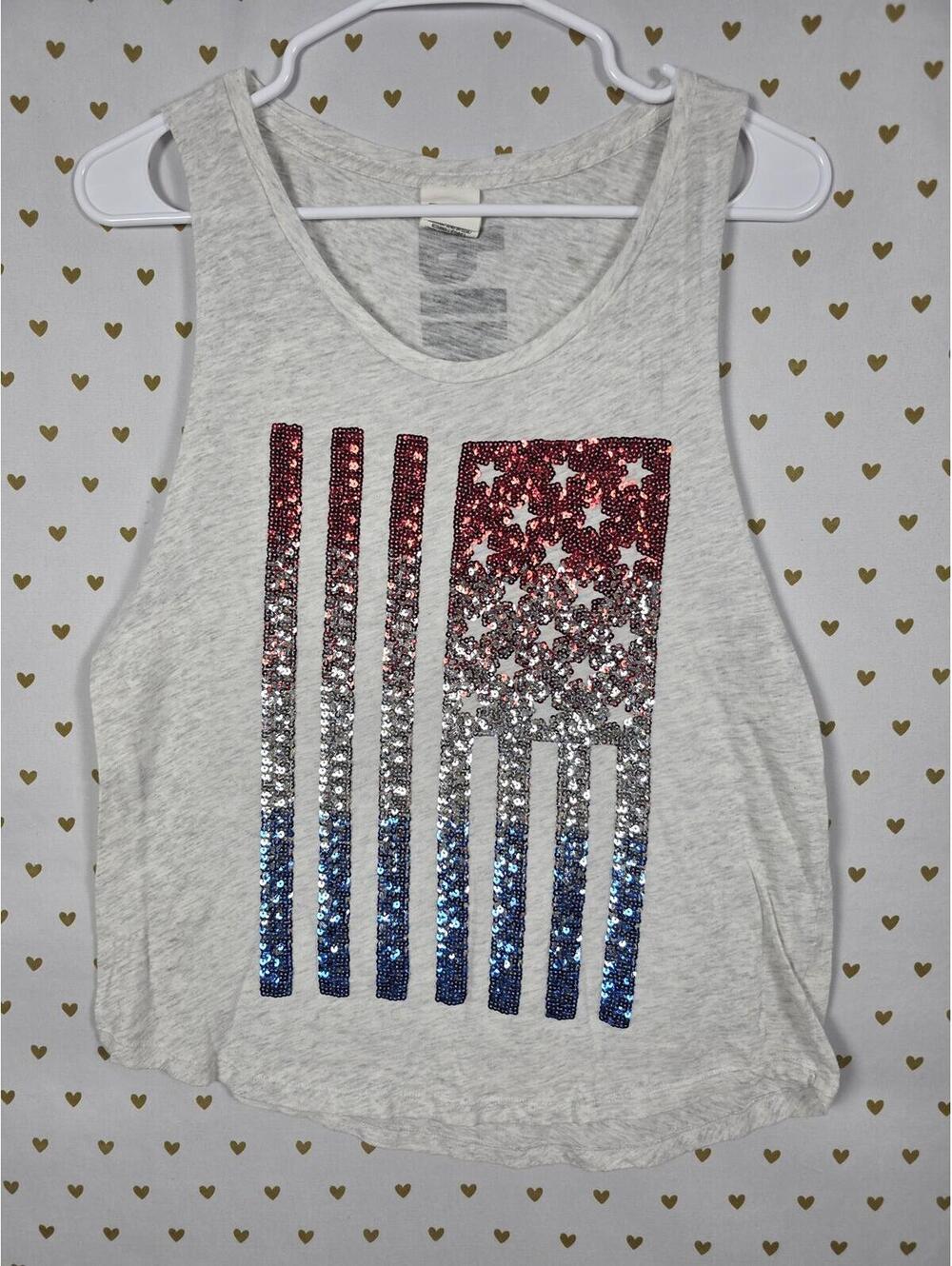 Victorias Secret PINK USA Flag Bling American Tank Top Tee SMALL